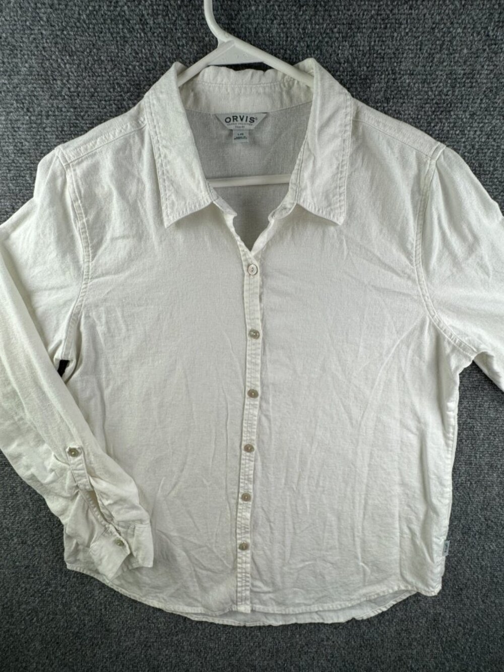 Orvis Women Large Button Up Shirt Long Sleeve White Linen Rayon Adult Ladies
